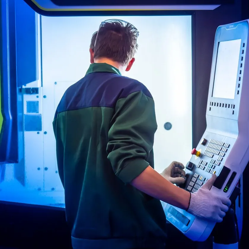Mitarbeiter an der Steuerung einer CNC-Fräsmaschine