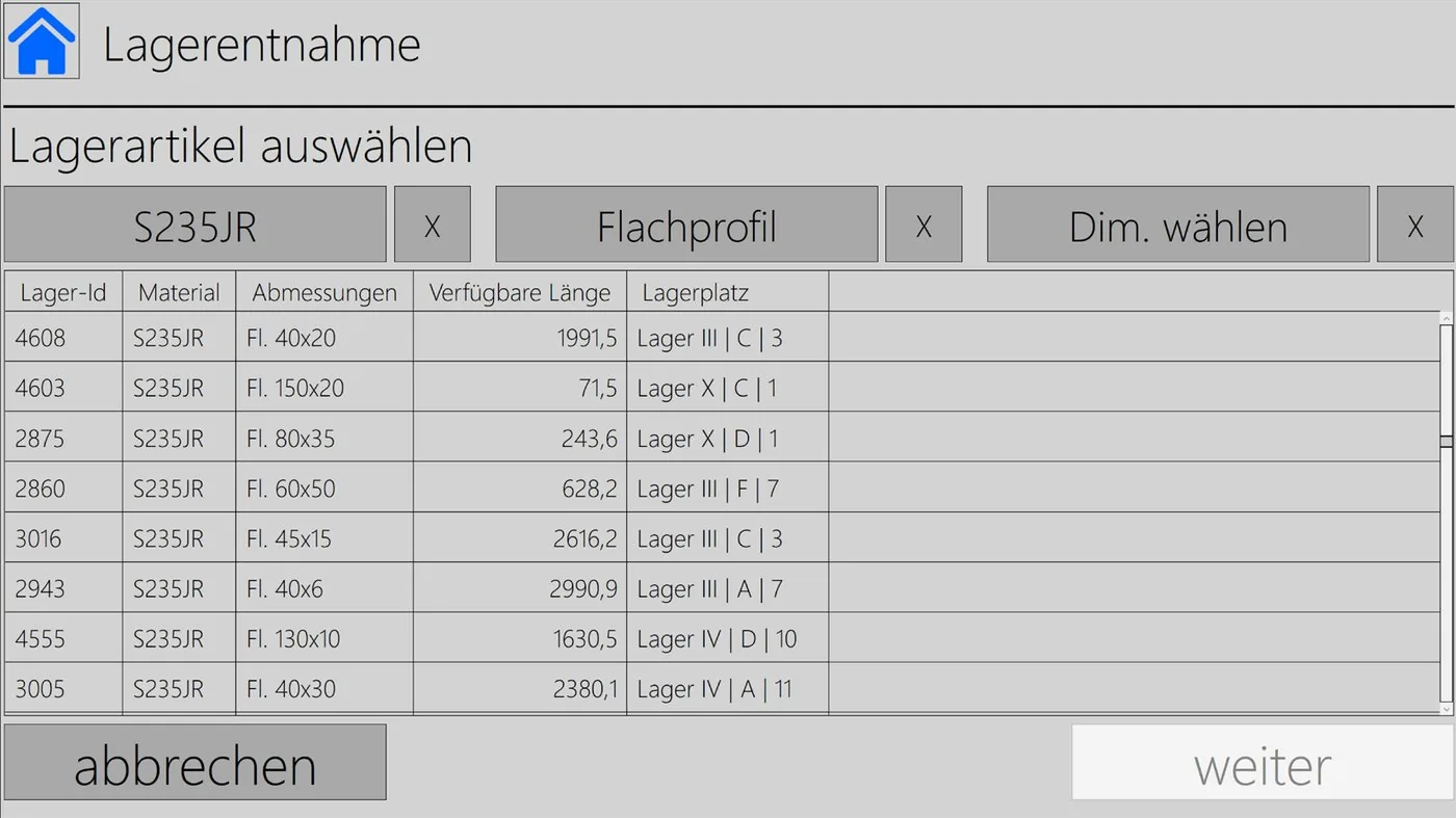 Lagerentnahme auf dem Tablet mit Auswahl nach Werkstoff, Profil und Abmessung